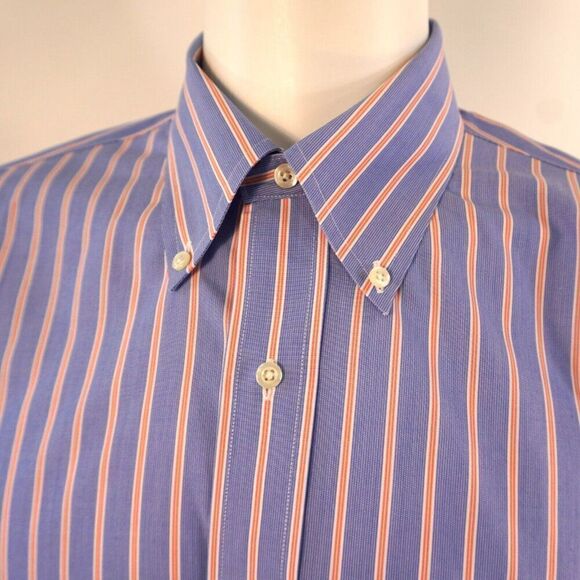Brooks Brothers Milano Original Polo Shirt Mens Sz 17-33 Blue Striped Non Iron - Picture 6 of 10